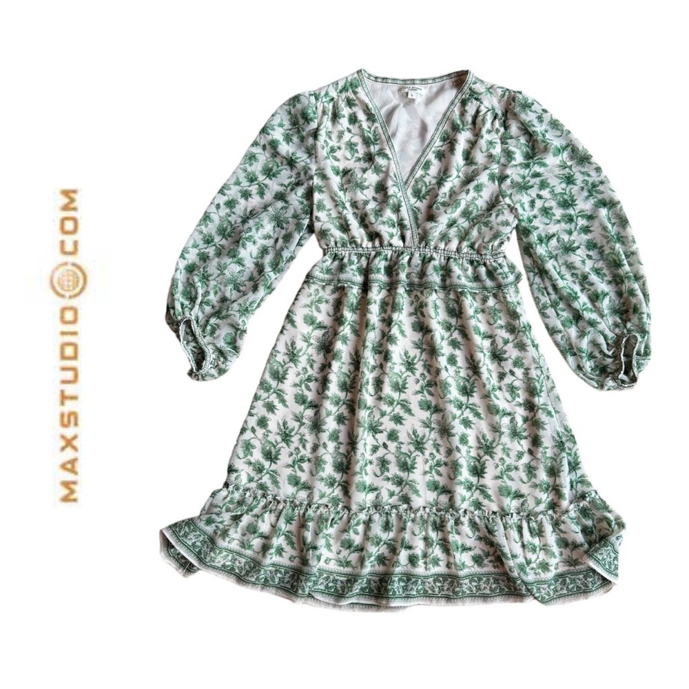 Max Studio Green Floral Print Smocked Waist Mini Dress